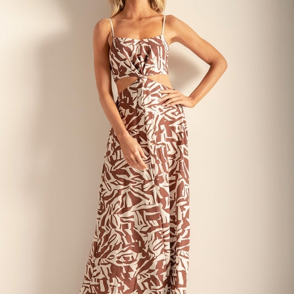 Touche Brown and White Patterned Maxi Dress Size M Cut Outs Bohemian Boho - Picture 2 of 5